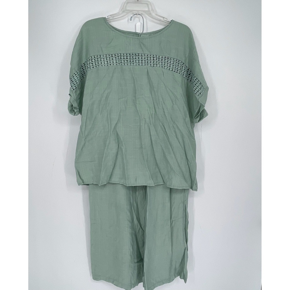 SHEIN Curve Women's Green Crochet Trim Top Wide Leg Pants Outfit Set Size 2XL